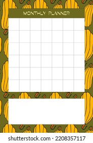 Autumn design template, hand drawn pumpkins, flat vector illustration, monthly organizer for schedule, notebook pages layout
