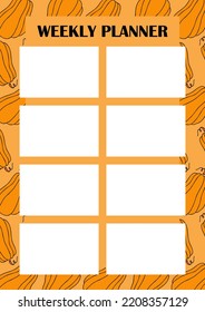 Autumn design template, hand drawn pumpkins, flat vector illustration, page layout for time management, blank weekly planner