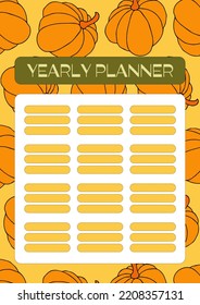 Autumn design template, hand drawn pumpkins, flat vector illustration, printable yearly planner pages, notepad sheet layout