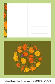 Autumn Design Template, Hand Drawn Pumpkins, Flat Vector Illustration, Post Card Layout, Printable Thank You
