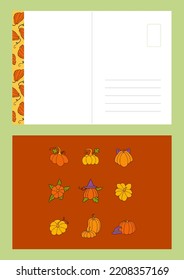 Autumn Design Template, Hand Drawn Pumpkins, Flat Vector Illustration, Post Card Layout, Printable Thank You
