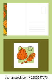 Autumn Design Template, Hand Drawn Pumpkins, Flat Vector Illustration, Post Card Layout, Printable Thank You
