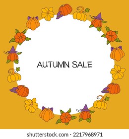 Autumn design template, hand drawn pumpkins, flat vector illustration. Promotional web banner for social media, square layout