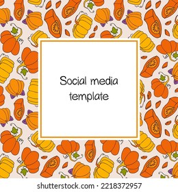 Autumn design template, hand drawn pumpkins, flat vector illustration. Promotional web banner for social media, square layout