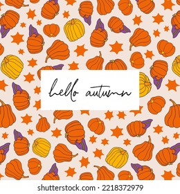 Autumn design template, hand drawn pumpkins, flat vector illustration. Promotional web banner for social media, square layout