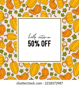 Autumn design template, hand drawn pumpkins, flat vector illustration. Promotional web banner for social media, square layout