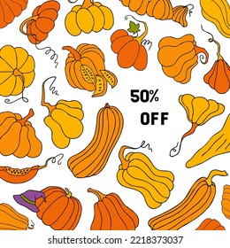 Autumn design template, hand drawn pumpkins, flat vector illustration. Promotional web banner for social media, square layout