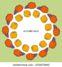 Autumn design template, hand drawn pumpkins, flat vector illustration. Promotional web banner for social media, square layout