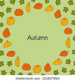 Autumn design template, hand drawn pumpkins, flat vector illustration. Promotional web banner for social media, square layout