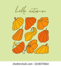 Autumn design template, hand drawn pumpkins, flat vector illustration. Promotional web banner for social media, square layout