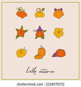 Autumn design template, hand drawn pumpkins, flat vector illustration. Promotional web banner for social media, square layout