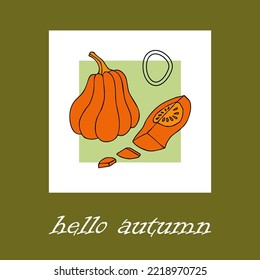 Autumn design template, hand drawn pumpkins, flat vector illustration. Promotional web banner for social media, square layout