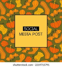 Autumn design template, hand drawn pumpkins, flat vector illustration. Promotional web banner for social media, square layout