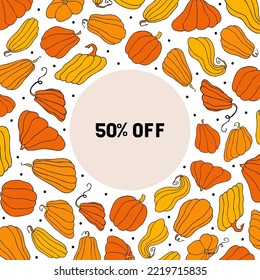 Autumn design template, hand drawn pumpkins, flat vector illustration. Promotional web banner for social media, square layout