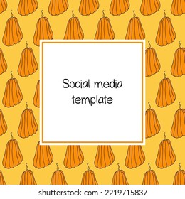 Autumn design template, hand drawn pumpkins, flat vector illustration. Promotional web banner for social media, square layout