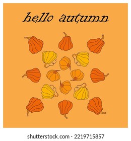 Autumn design template, hand drawn pumpkins, flat vector illustration. Promotional web banner for social media, square layout