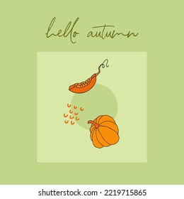 Autumn design template, hand drawn pumpkins, flat vector illustration. Promotional web banner for social media, square layout