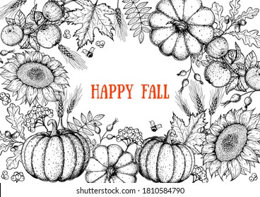 Autumn design template. Sketch design. Harvest festival. Hand drawn frame with fall leaves, pumpkin and sunflower. Vector illustration. Autumn bouquets.