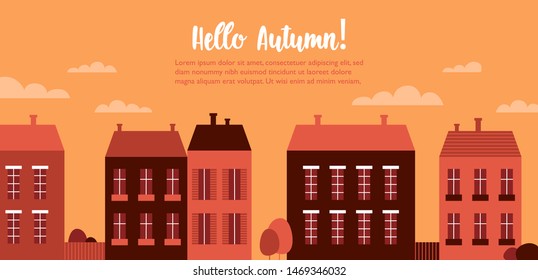 Autumn design with autumn town. Vector template for web banner, card. Trendy flat style. 