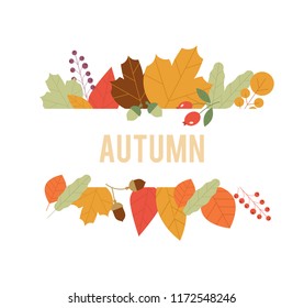 Autumn Design in Vector. Autumn composition. Autumn sale banner on maple leaf foliage pattern background. Vector September oak acorn and discount text for shop poster or leaflet. Web banner template. 
