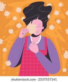 Autumn Design vector. illustration of a girl lying in a pile of fallen leaves, and covering her eyes with leaves, autumn atmosphere.