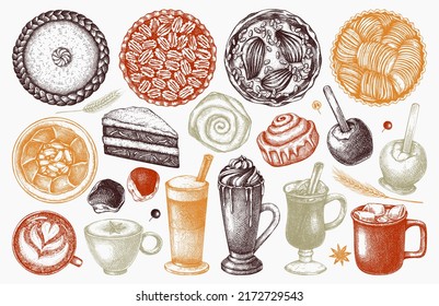 Autumn dessert collection. Thanksgiving dinner illustrations. Sweet food and drink sketches. Sketched fall food vector drawings. Dessert table hand-drawn icons in color. Top view hot drinks set