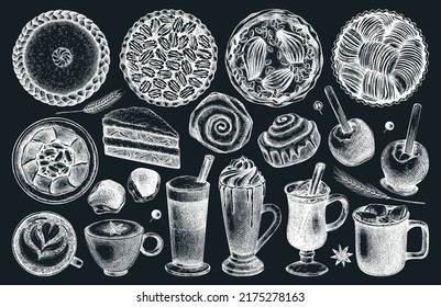 Autumn dessert collection. Thanksgiving dinner illustrations. Sweet food and drink sketches. Sketched fall food vector drawings. Dessert table hand-drawn icons on chalkboard. Top view hot drinks set