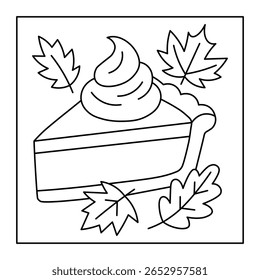 Autumn Dessert Coloring Page – Cute Pumpkin Pie Slice with Leaf Accents