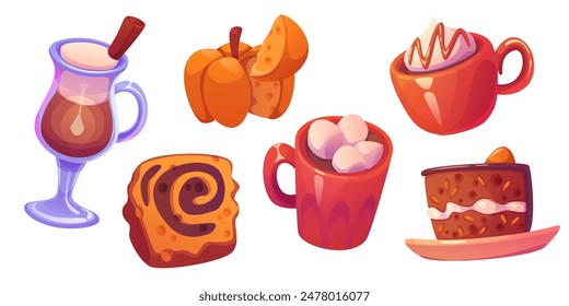 Postre de otoño y colección de bebidas calientes. Café con leche tradicional, café o chocolate caliente en taza y taza, pedazo de pastel y galleta con especias y calabaza. Vector de dibujos animados dulce pastelería y bebidas