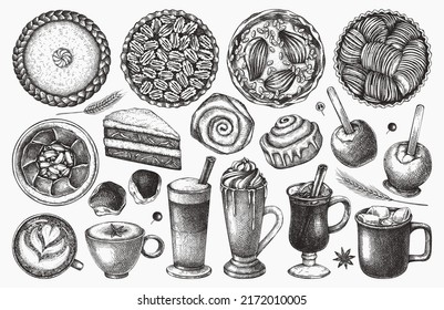 Autumn Desserts Collection. Thanksgiving Dinner Illustrations. Fall Festival Food And Drinks Sketches. Sketched Cakes And Pies Drawings. Thanksgiving Table Hand-drawn Black And White Icons 