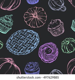 Autumn desserts, cupcakes, pie, pumpkins, coffee,card for you,retro,Seamless pattern, handmade, vector illustration