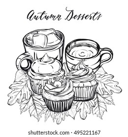 Autumn desserts, cupcakes,coffee, leaves,handmade, vector illustration,Coloring book page design for kids and adults, card for you