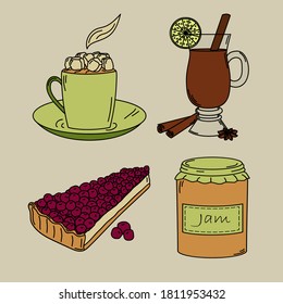 Autumn desserts. Cute set of 4 vector elements in doodle style. A cup of cocoa, mulled wine, a jar of jam, a piece of berry pie.