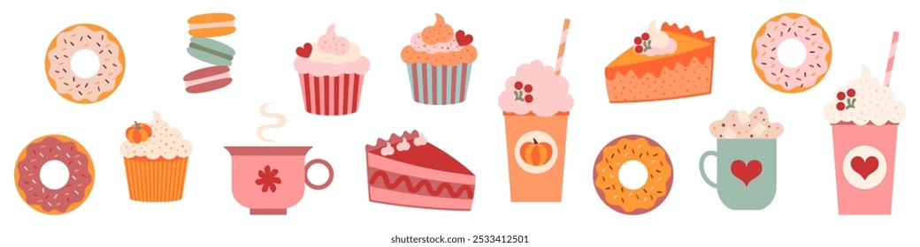 Sobremesas e Bebidas de outono. Uma coleção de sobremesas e bebidas com temática de especiarias de abóbora, incluindo cupcakes, macarões, tortas, rosquinhas e canecas acolhedoras. Ilustração vetorial