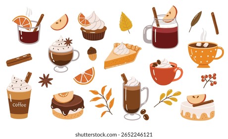 Autumn desserts and drinks elements, doodle, sweet cakes, collection, hot drinks, autumn cozy set