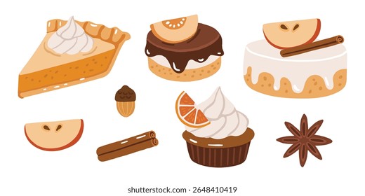 Autumn desserts elements doodle illustration, sweet cakes, collection, autumn cozy set
