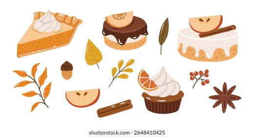 Autumn desserts elements doodle illustration, sweet cakes, collection, autumn cozy set