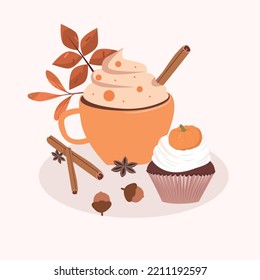 Autumn desserts flat illustration. Pumpkin spice latte, biscuits and cupcakes vector texture. Cappuccino, buns and leaves backdrop.