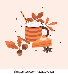 Autumn desserts flat illustration. Pumpkin spice latte, biscuits and cupcakes vector texture. Cappuccino, buns and leaves backdrop.