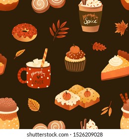 Autumn desserts flat seamless pattern. Pumpkin spice latte, biscuits and cupcakes vector texture. Cappuccino, buns and leaves backdrop. Fall season food wrapping paper, wallpaper, textile design