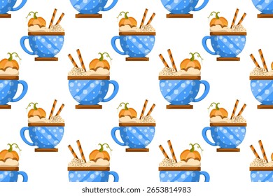 Sobremesas de outono padrão liso sem emenda. Textura vetorial de chocolate e bolinhos de abóbora. Cappuccino, bolo e folhas pano de fundo. outono temporada de papel de embalagem de alimentos, papel de parede, design têxtil