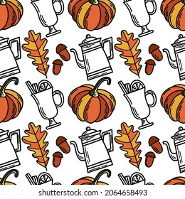 Autumn details seamless pattern with doodle illustrations. Autumn leaves, pumpkins, kettle, glass, mulled wine, oak, acorns background. Nature illustration for wrapping paper, textile, decorations.