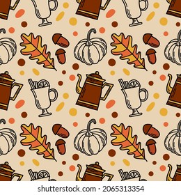 El otoño detalla un patrón impecable con ilustraciones de doodle. Hojas de otoño, calabazas, hervidor de agua, vidrio, vino asado, roble, fondo de bellotas. Ilustración natural para envolver papel, textiles, decoraciones.