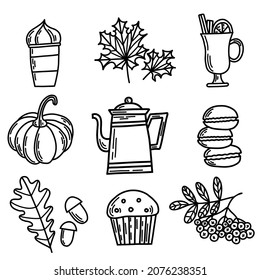 Autumn details set with doodle illustrations. Autumn leaves, pumpkins, kettle, glass, mulled wine, oak, acorns background. Nature illustration with elements for wrapping paper, textile, decorations.