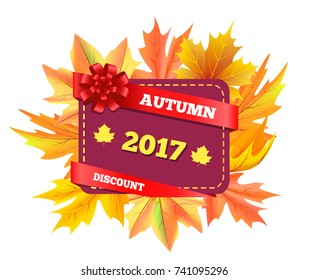 Autumn discount 2017 gift card design with maple leaves isolated on background of fall golden foliage vector illustration promo poster isolated on white