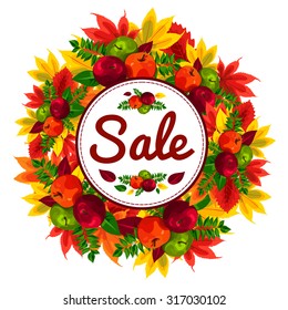 Autumn discount banner with beautiful fall leaves and apples. Autumn sale. Yellow beautiful leaves, apples. Vintage. The frame of autumn leaves. Season discounts.
