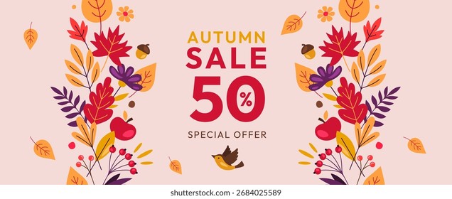 Anuncio de descuento de otoño en Vector, estilo plano.