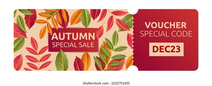 Autumn discount card, special code for sale, coupon design. Thanksgiving fall season gift, holiday offer voucher, nature leaves. Marketing promo ticket. Vector promo garish background
