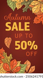 Autumn discount colorful vintage banner with promise of 50 percent reduction in prices near tree petals vector illustration