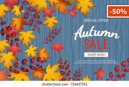Autumn discount flyer. Special offer, big seasonal sale, great discounts. Horizontal banner with yellow and red leaves. Vector illustration. Top view

